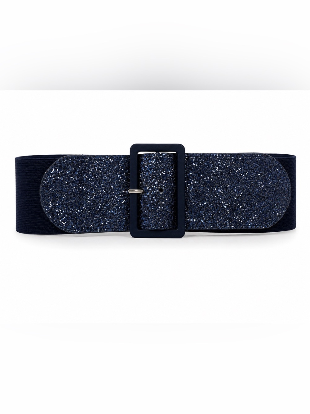 bebe Navy Glitter Luxury Stretch Statement Wide Belt with Rectangular Buckle
